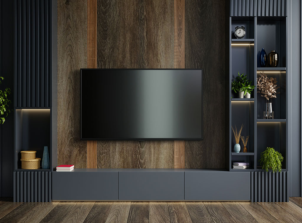 Media wall installation London with built-in TV, LED lighting and clean cable management