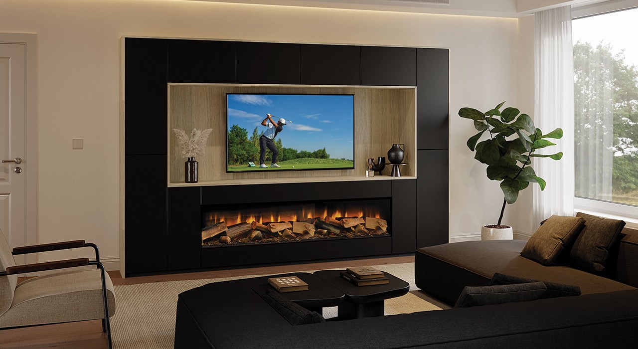 Built-in TV media wall installation in London with cable management and LED lighting